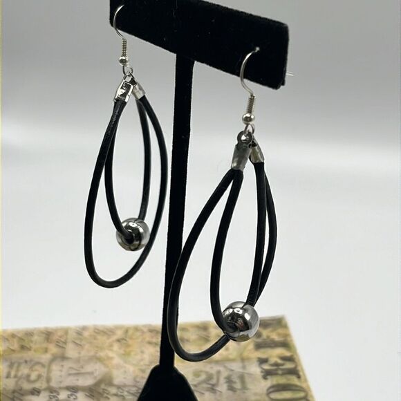 Double Leather Corded Dangling Earrings w/ Silver-Tone Bead Choice of Closure - Picture 5 of 14
